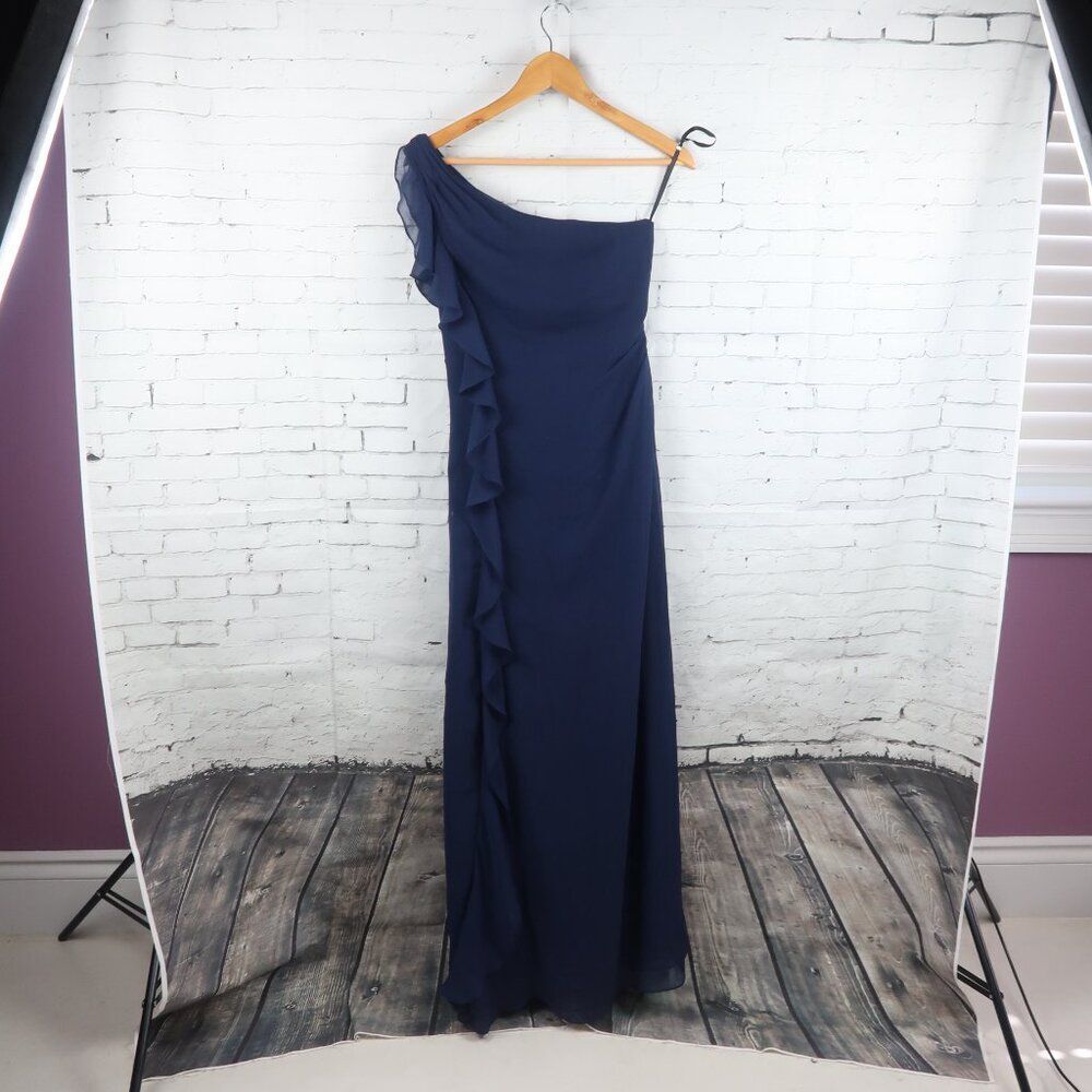 VINEYARD COLLECTION BLUE ONE SHOULDER FULL LENGTH RUFFLE DETAIL MAXI DRESS GOWN